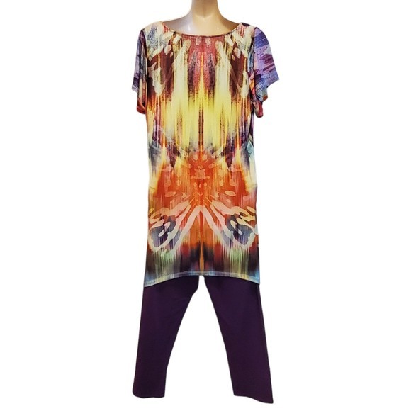One World Purple Multi-color‎ 2 Piece Blouse and Capri Pants Set Sz Med - Picture 4 of 9